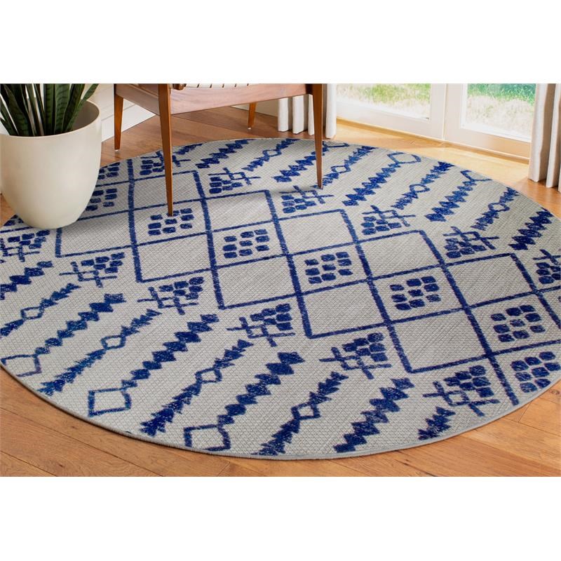 Leick Home 594978 Cusp Gray with Blue Indoor Outdoor Area Rug Round 5'3