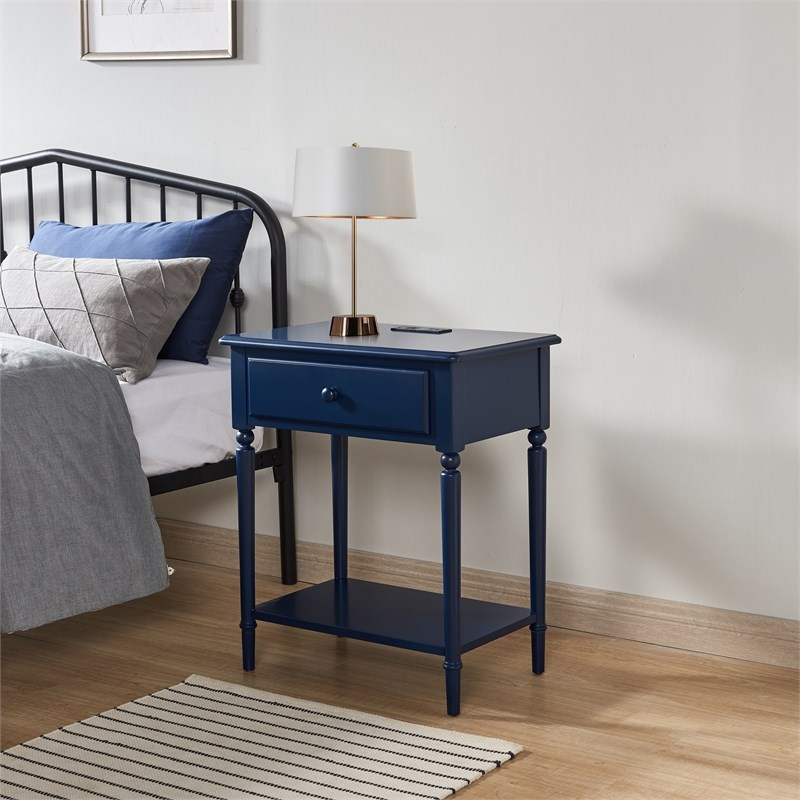 Leick Home Coastal Nightstand Side Table with AC/USB Charger-Navy Blue