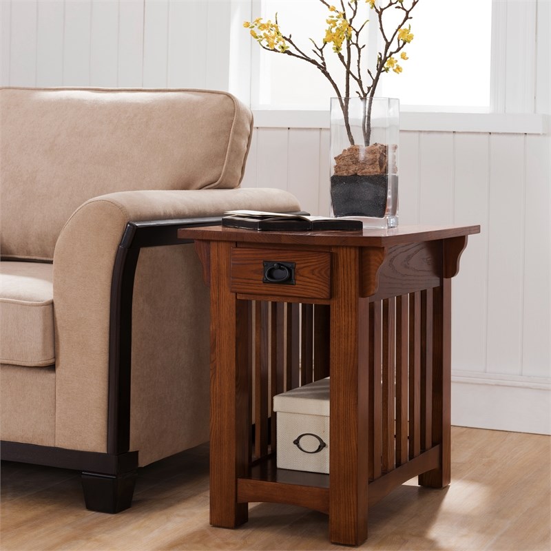 Leick Furniture Mission Oak Chairside Table with Storage Drawer and Shelf