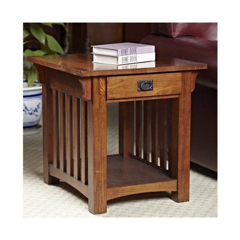 Leick Furniture Wood Mission End Table with Storage Drawer and Shelf in Oak