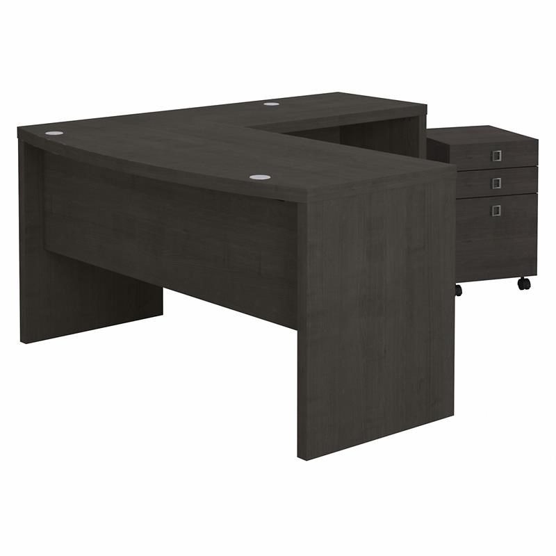Echo L Shaped Bow Front Desk with Drawers in Charcoal Maple - Engineered Wood