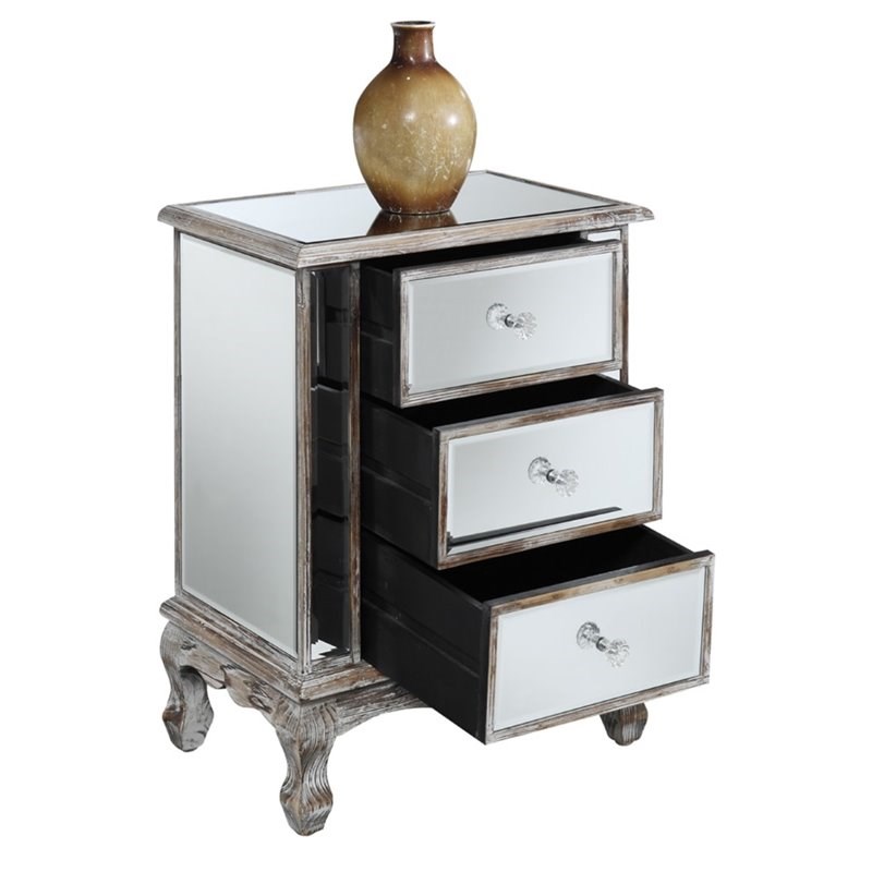 Gold Coast Vineyard Three-Drawer Mirrored End Table in Weathered White Wood