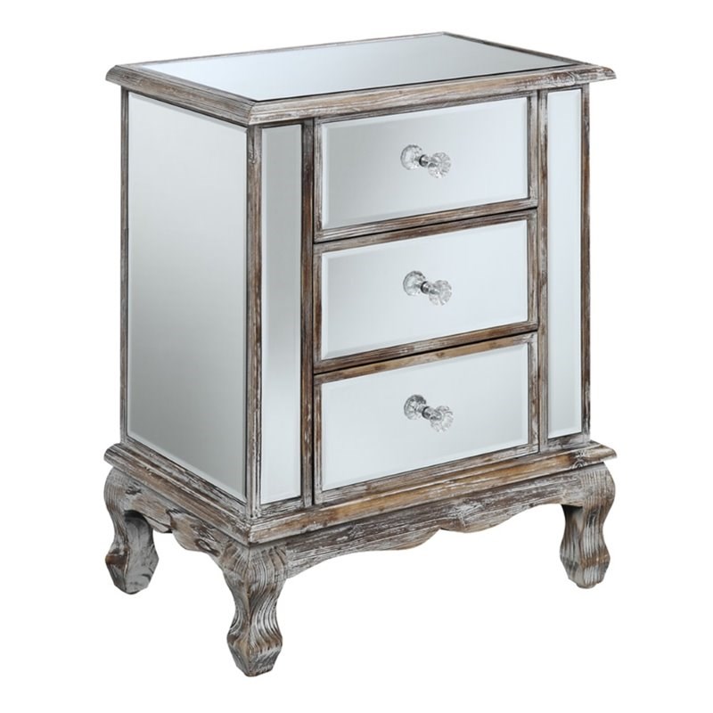 Gold Coast Vineyard Three-Drawer Mirrored End Table in Weathered White Wood
