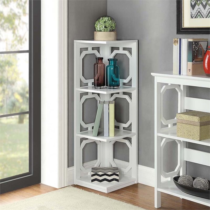 Convenience Concepts Omega Three-Shelf Corner Bookcase in White Wood Finish