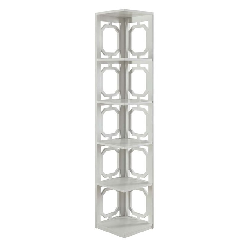 Convenience Concepts Omega Five-Shelf Corner Bookcase in White Wood Finish