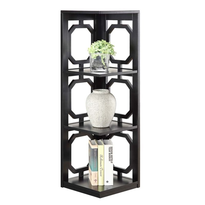 Convenience Concepts Omega Three-Shelf Corner Bookcase in Black Wood Finish