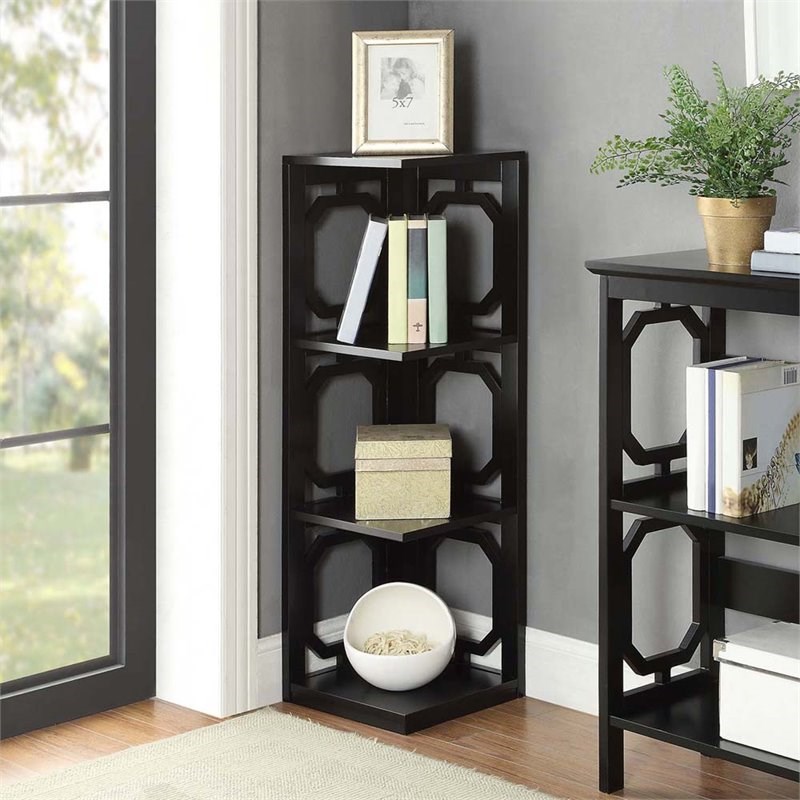 Convenience Concepts Omega Three-Shelf Corner Bookcase in Black Wood Finish