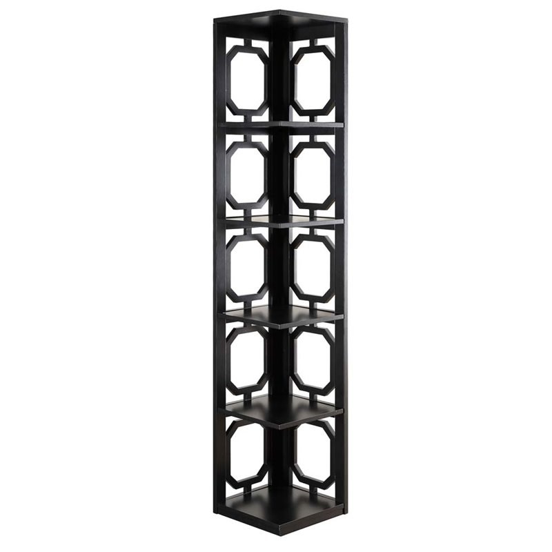 Convenience Concepts Omega Five-Shelf Corner Bookcase in Black Wood Finish