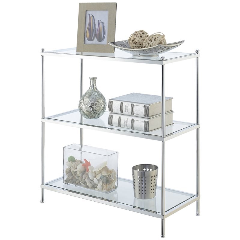 Convenience Concepts Royal Crest Three-Tier Bookcase in Clear Glass and Chrome