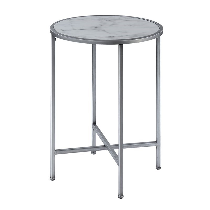 Convenience Concepts Gold Coast Faux Marble Round End Table- Silver Metal Frame