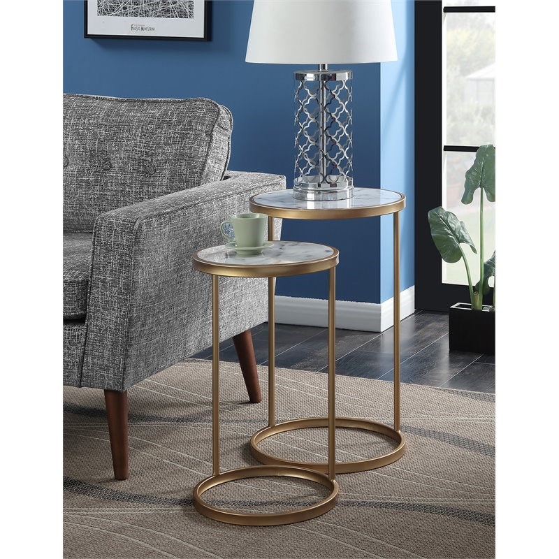Convenience Concepts Gold Coast Faux Marble Nesting End Tables in Gold Metal