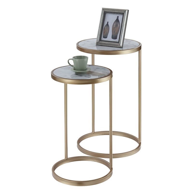 Convenience Concepts Gold Coast Faux Marble Nesting End Tables in Gold Metal