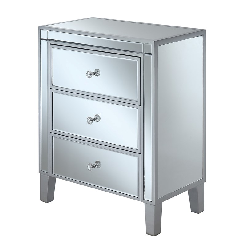 Gold Coast Three-Drawer Chest in Mirrored Glass and Silver Wood Finish