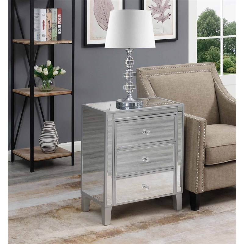 Gold Coast Three-Drawer Chest in Mirrored Glass and Silver Wood Finish