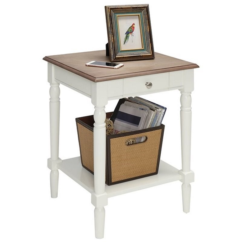 French Country End Table with Drawer and Shelf in Driftwood and White Wood