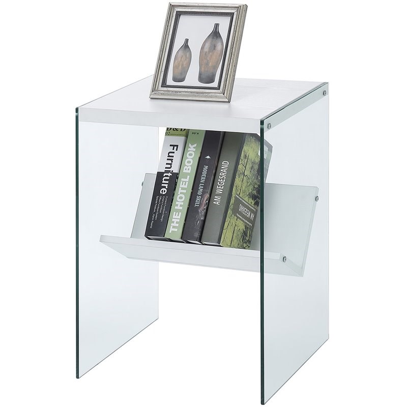 Convenience Concepts SoHo End Table in White Wood Finish and Clear Glass