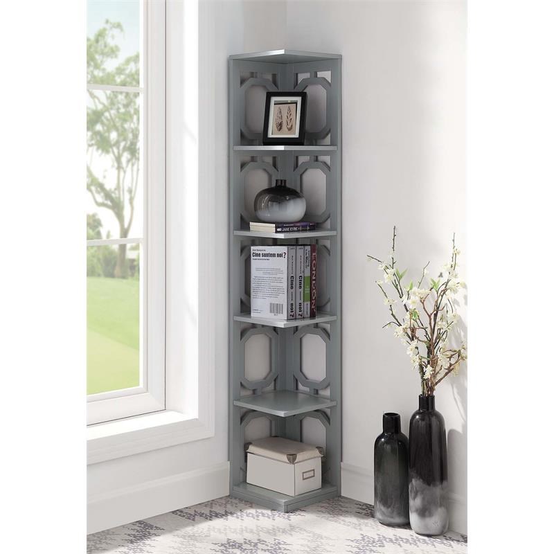 Convenience Concepts Omega Five-Tier Corner Bookcase in Gray Wood Finish