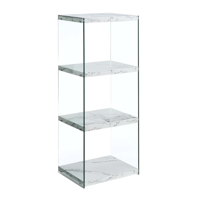SoHo Four-Tier Tower Bookcase in White Fuax Marble Wood Finish and Clear Glass
