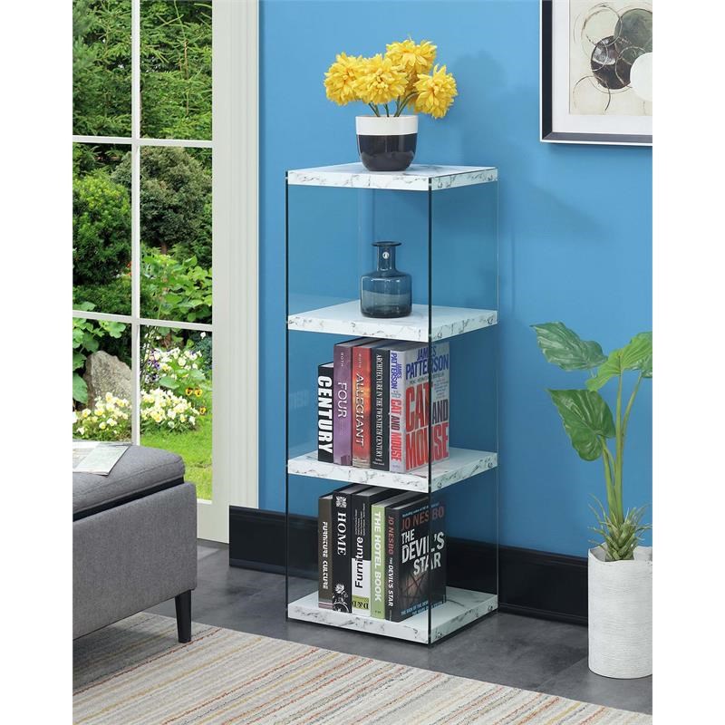 SoHo Four-Tier Tower Bookcase in White Fuax Marble Wood Finish and Clear Glass