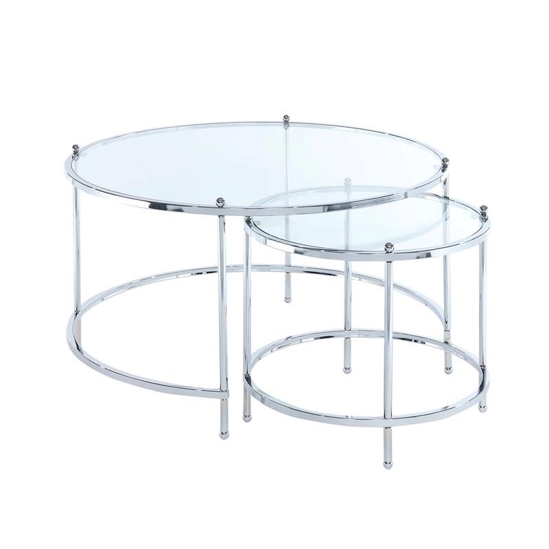 Royal Crest Nesting Round Coffee Table in Clear Glass and Chrome Metal Frame