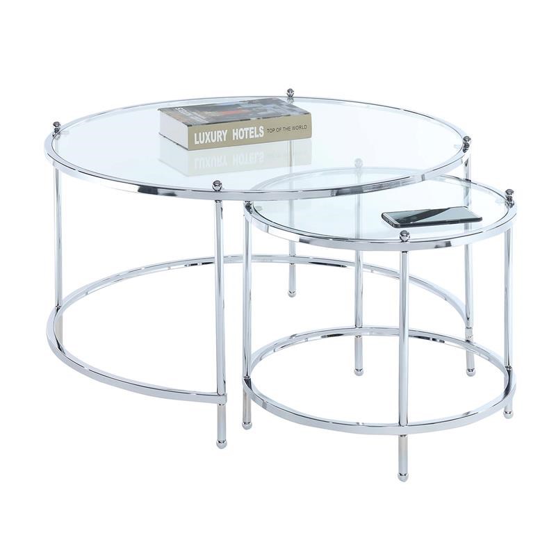 Royal Crest Nesting Round Coffee Table in Clear Glass and Chrome Metal Frame