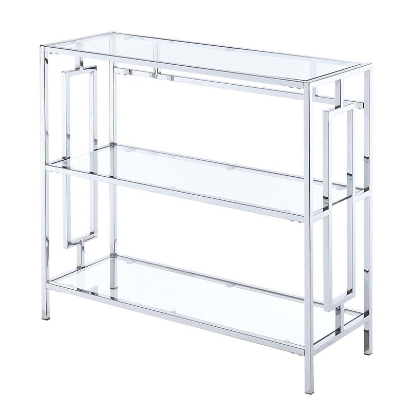 Town Square Three-Tier Bookcase in Clear Glass and Chrome Metal Frame