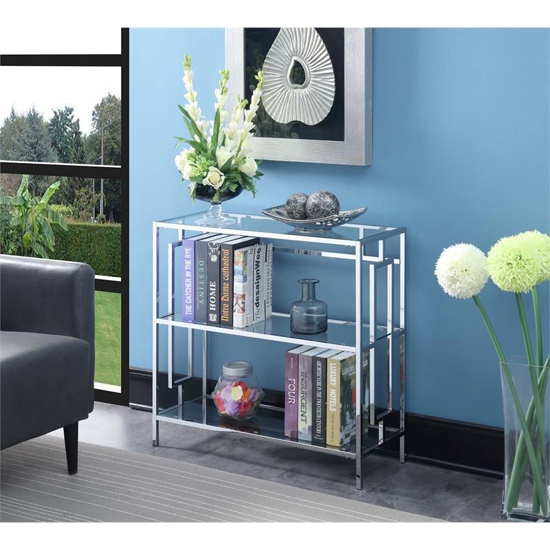 Town Square Three-Tier Bookcase in Clear Glass and Chrome Metal Frame