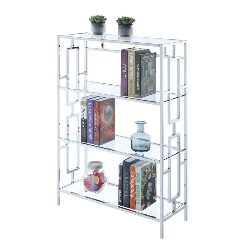 Town Square Four-Tier Bookcase in Clear Glass and Chrome Metal Frame