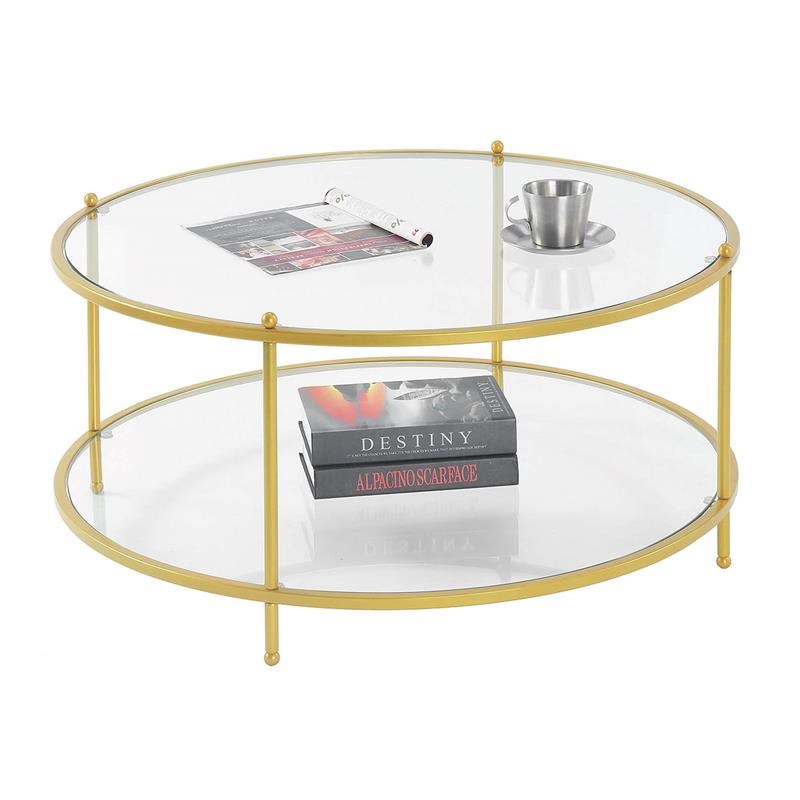 Royal Crest Two-Tier Round Gold Metal Coffee Table With Clear Glass Shelves