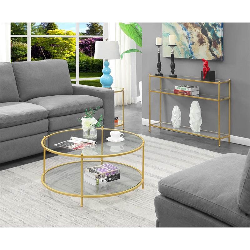 Royal Crest Two-Tier Round Gold Metal Coffee Table With Clear Glass Shelves