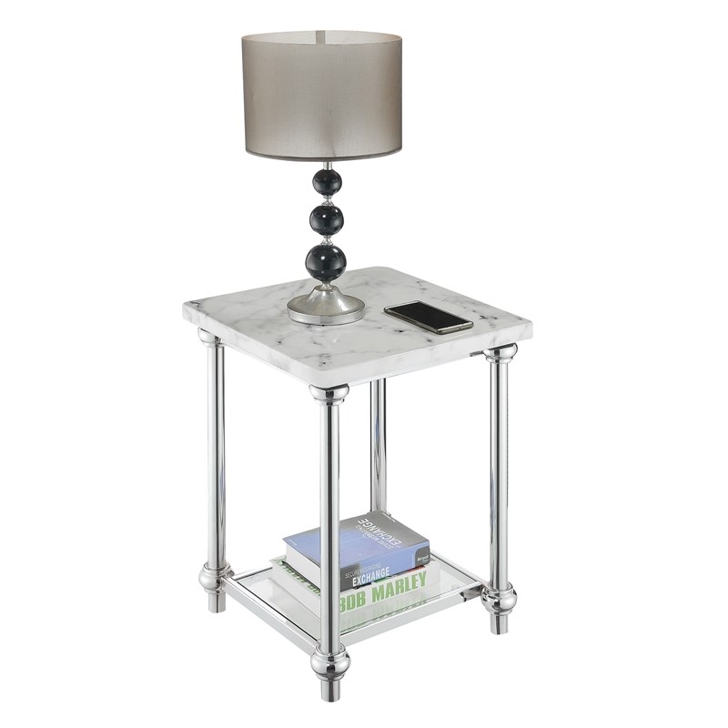 Roman II End Table with Chrome Metal Frame in White Marble Finish