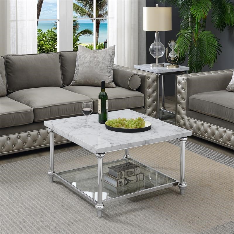Roman II Square Coffee Table with Chrome Metal Frame in White Marble Finish