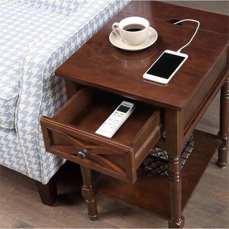 Country Oxford Square End Table with Charging Station in Espresso Wood ...