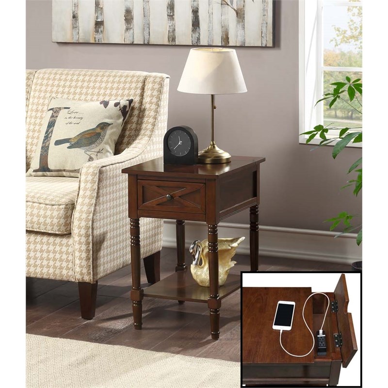 Country Oxford Square End Table with Charging Station in Espresso Wood Finish