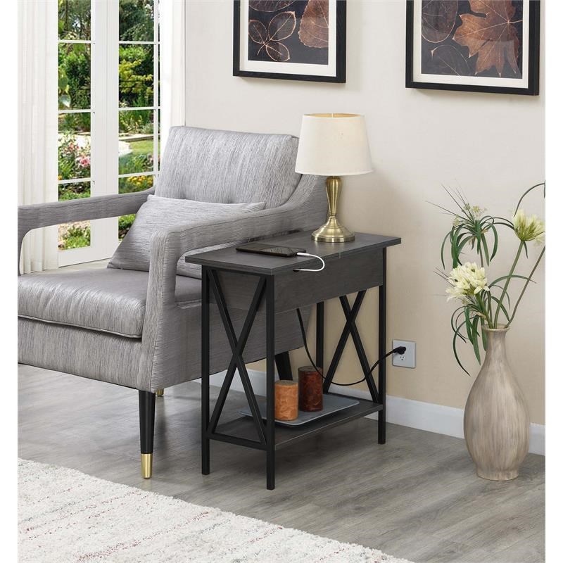 Tucson Flip Top End Table with Charging Station Charcoal Gray Wood & Black Frame