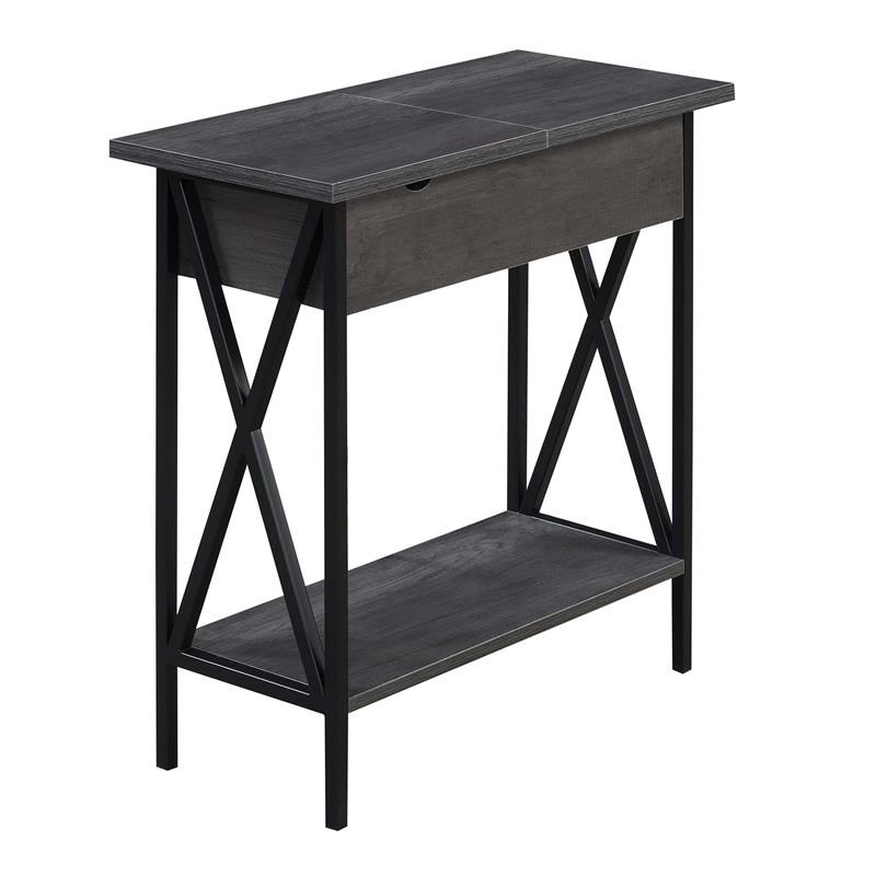Tucson Flip Top End Table with Charging Station Charcoal Gray Wood & Black Frame