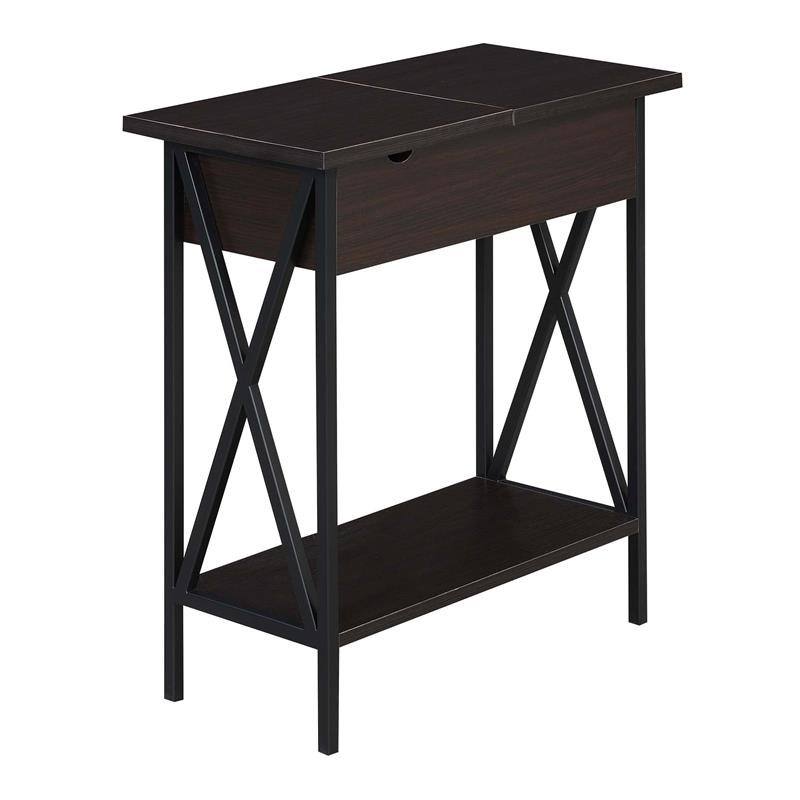 Tucson Flip Top End Table with Charging Station in Espresso Wood and Black Frame