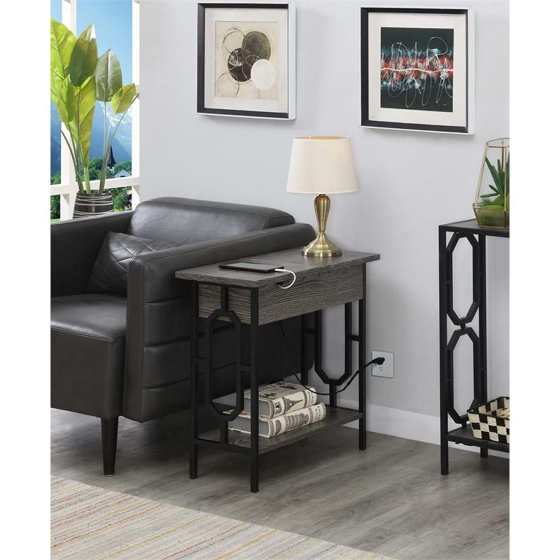 Omega Flip Top End Table with Charging Station in Weathered Gray Wood and Black