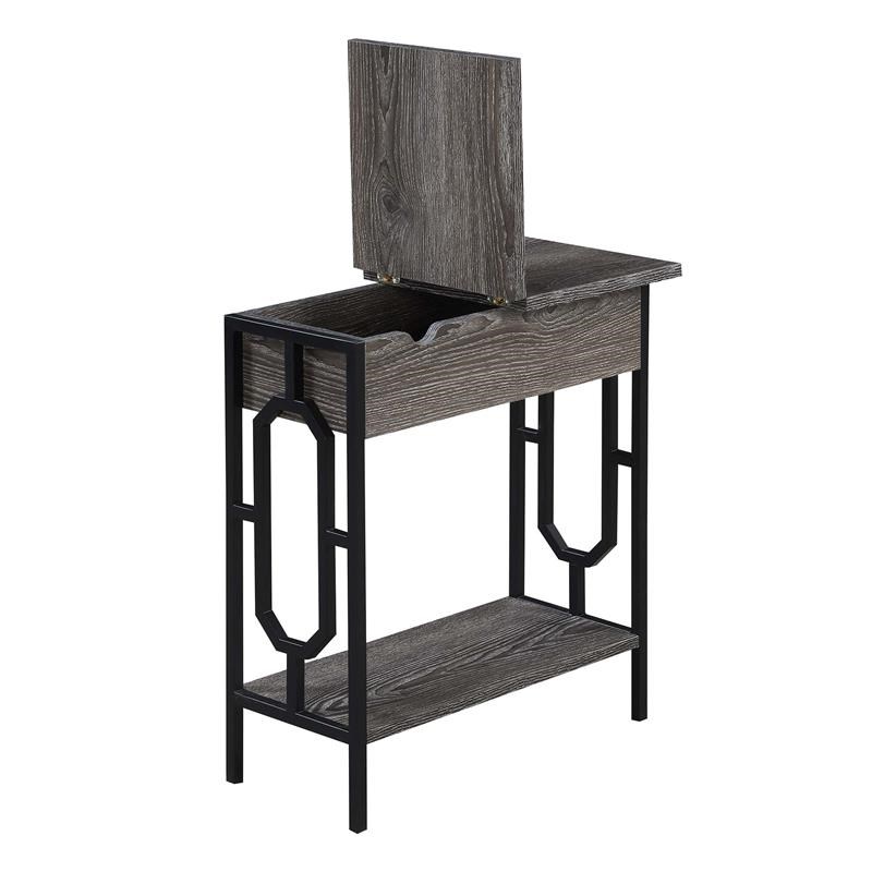 Omega Flip Top End Table with Charging Station in Weathered Gray Wood and Black