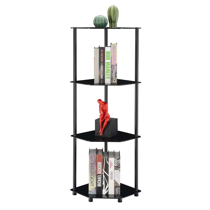 Designs2Go Classic Glass Four-Tier Corner Shelf in Black Glass and Metal Frame