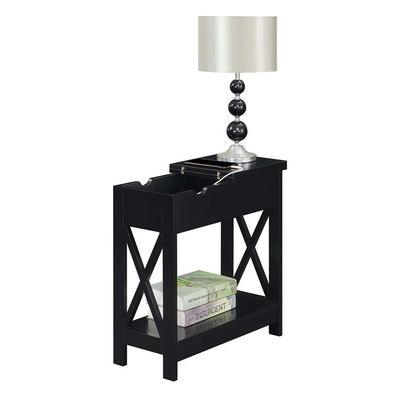 Oxford Flip Top End Table with Charging Station in Black Wood Finish