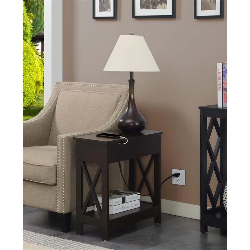 Oxford Flip Top End Table with Charging Station in Espresso Wood Finish
