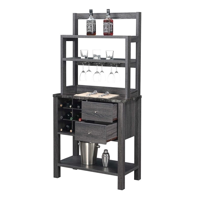 Newport Serving Bar in Faux Black Marble and Weathered Gray Wood Finish