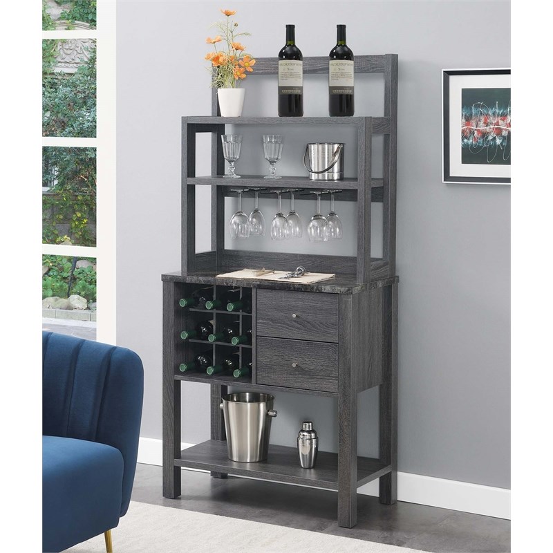 Newport Serving Bar in Faux Black Marble and Weathered Gray Wood Finish