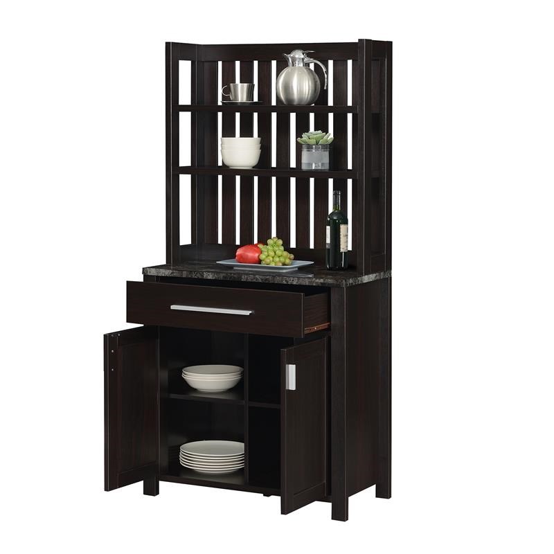 Sawyer Wine Bar with Cabinet in Black Faux Marble and Espresso Wood Finish
