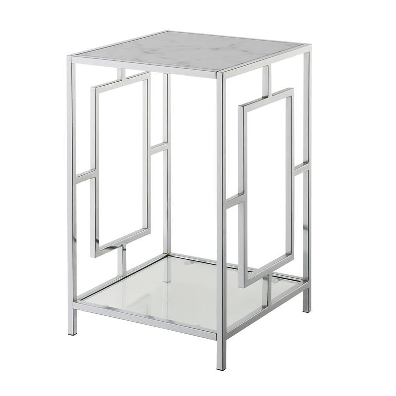 Town Square Chrome Metal End Table with White Faux Marble Top and Clear Glass