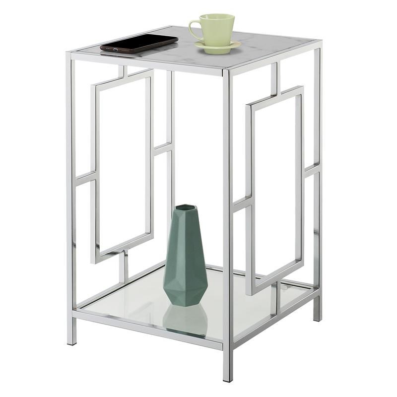 Town Square Chrome Metal End Table with White Faux Marble Top and Clear Glass