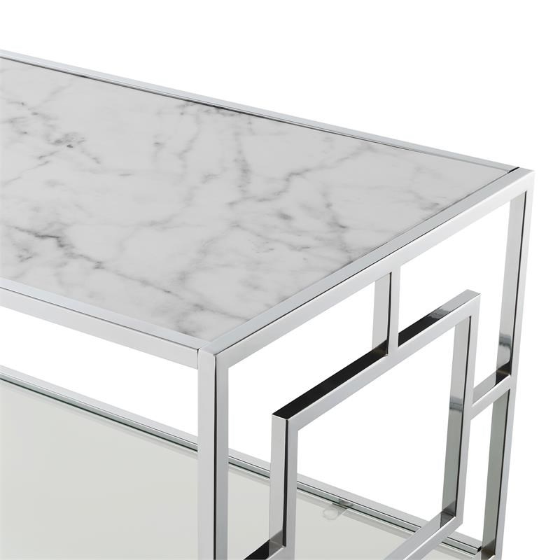 Town Square Chrome Metal Coffee Table with White Faux Marble Top and Clear Glass