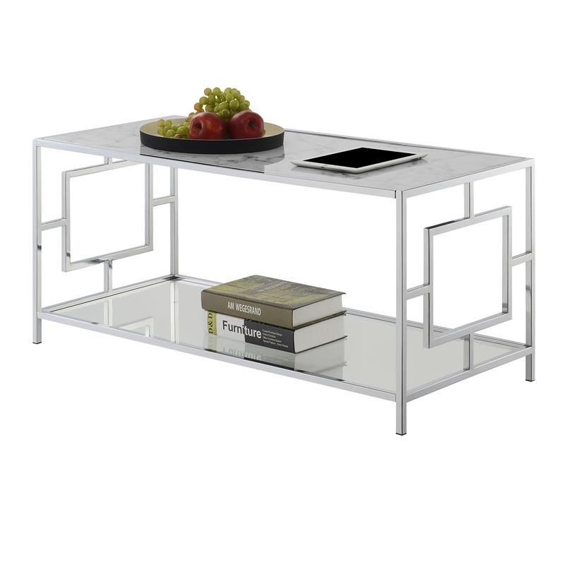 Town Square Chrome Metal Coffee Table with White Faux Marble Top and Clear Glass