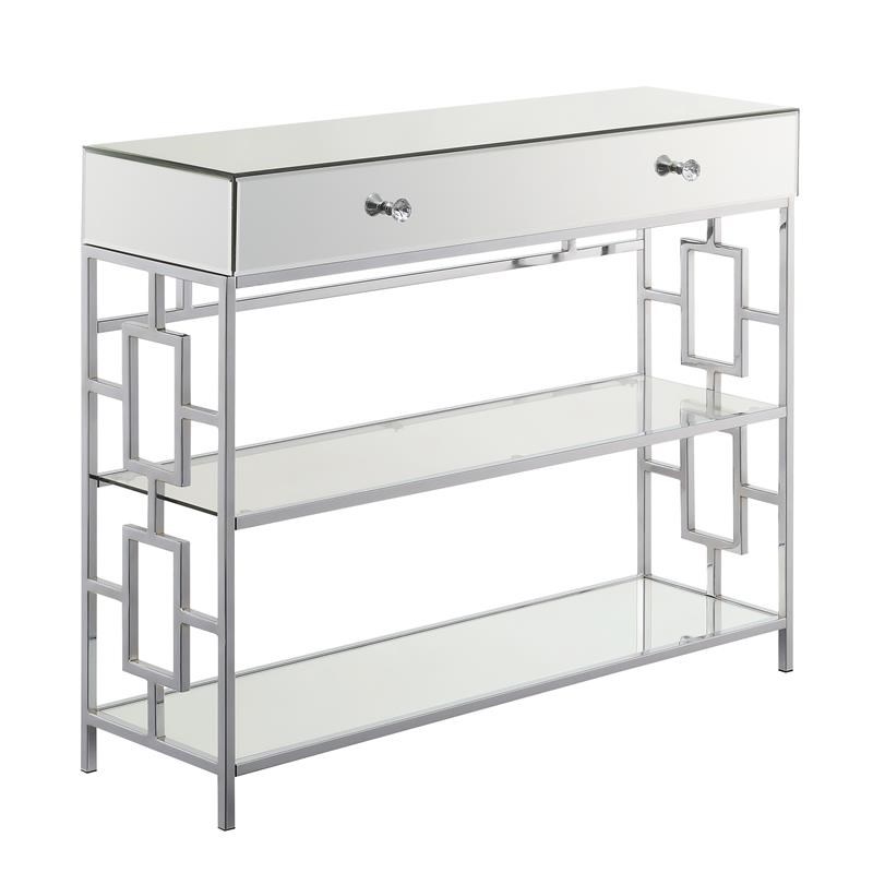 Town Square One-Drawer Console Table in Mirrored Glass and Chrome Metal Frame